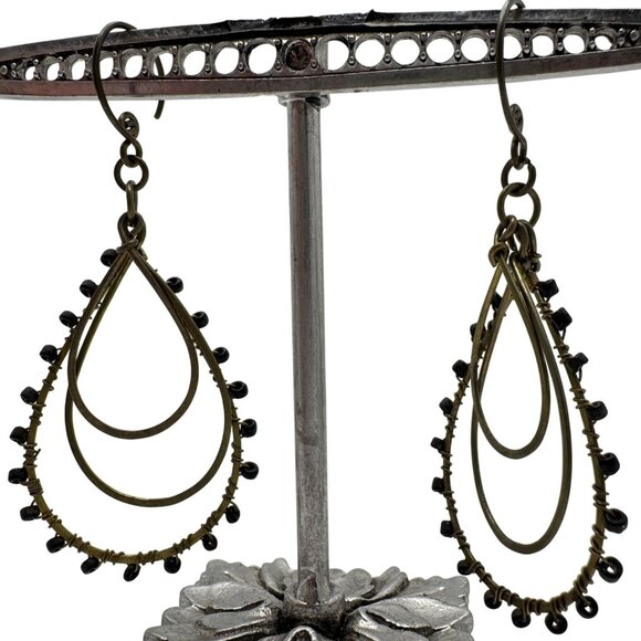 Handmade Nepal Brass Black Bead Teardrop Dangle Earrings Wire Wrapped Accents - Picture 2 of 6
